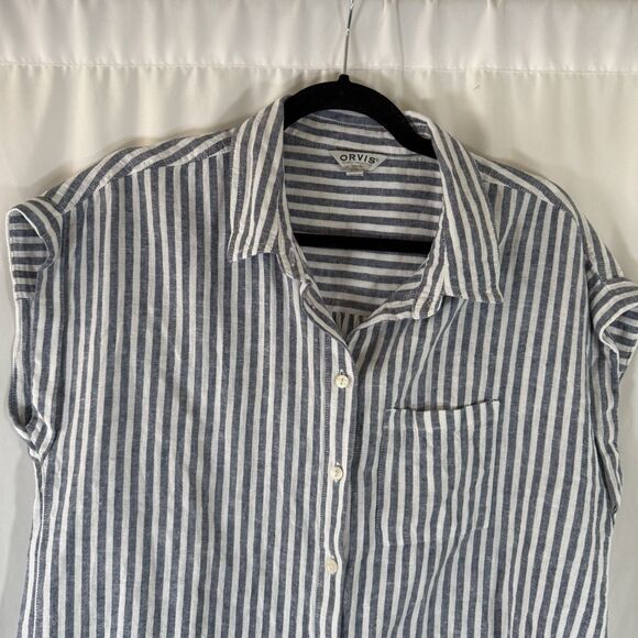 Orvis Linen Blend Button Down Shirt Women's Medium Blue White Striped Short Slv - Picture 2 of 10